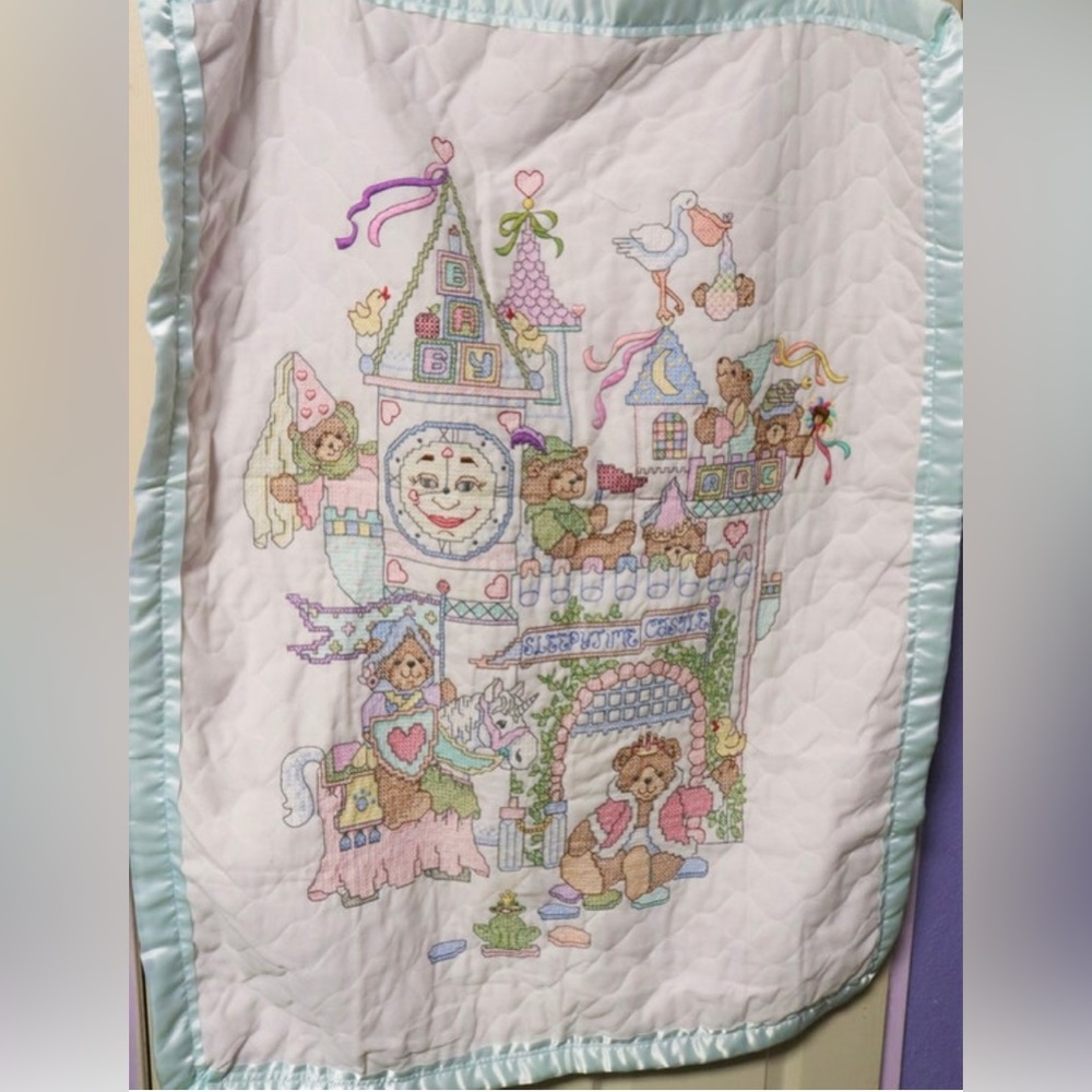 Sleepytime Castle Princess PrinceCrib Quilt Completely Hand Embroidered & Sewn